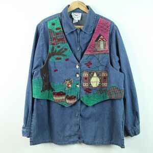 Vintage 90s Chambray Shirt Size 18 Vest Granny Embroidered Cottagecore Teacher